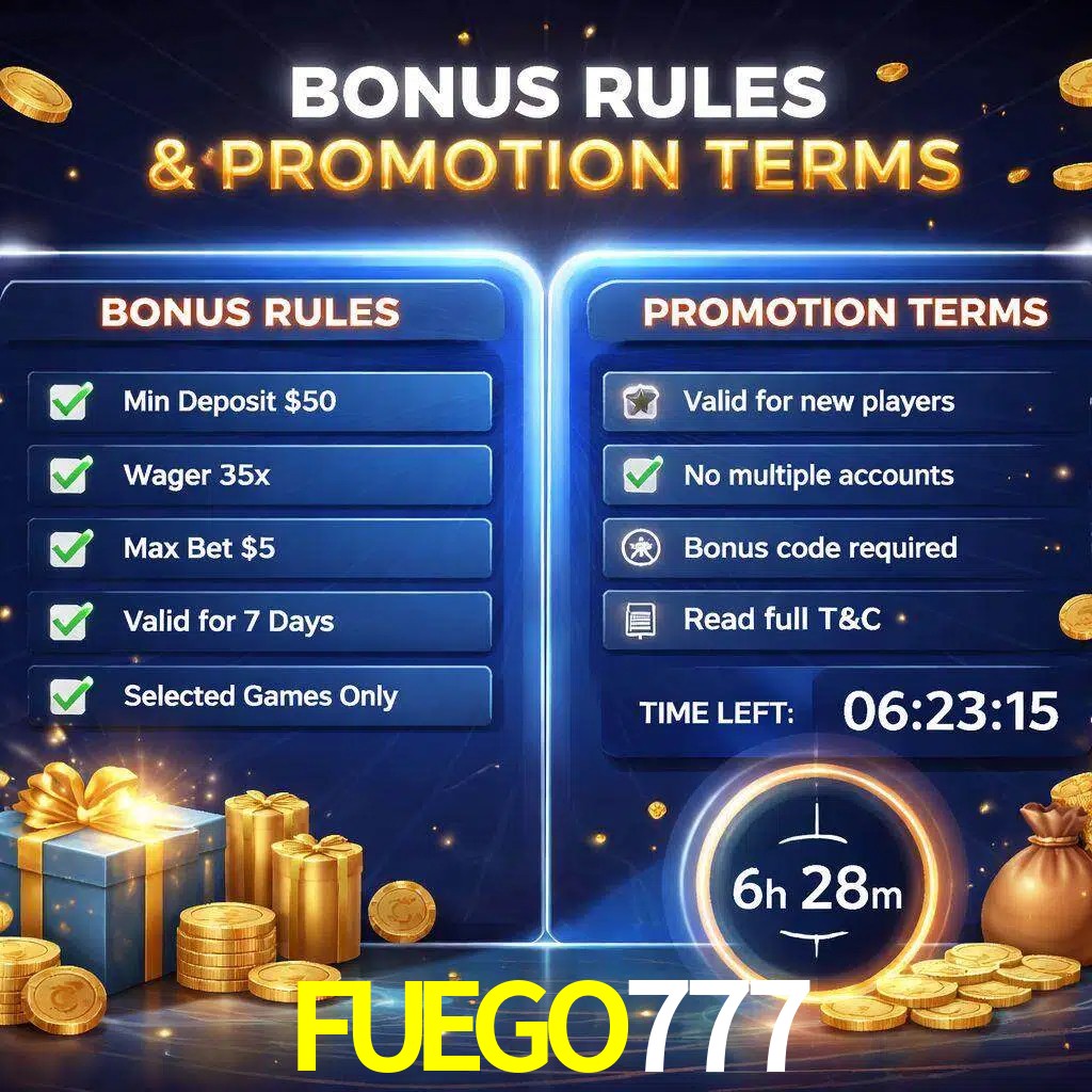 Reglas de promoción FUEGO777 y condiciones de bonos explicadas visualmente