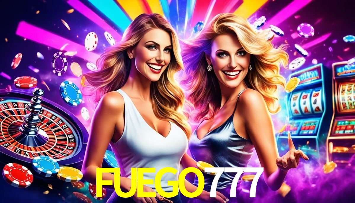 Escena dinámica inspirada en casino con iluminación FUEGO777, cartas, fichas e íconos de juegos digitales en un espacio moderno de juegos.