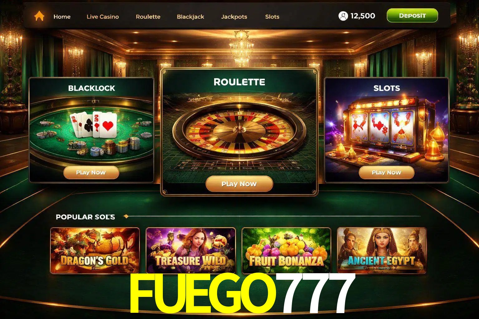 Vista de la plataforma FUEGO777 Casino mostrando categorías organizadas de juegos en línea